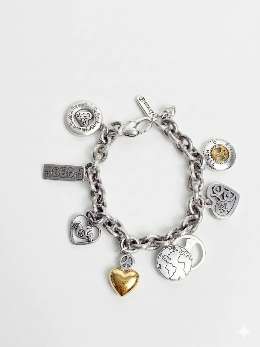 Brighton Vintage Silver Peace Charm Bracelet EUC